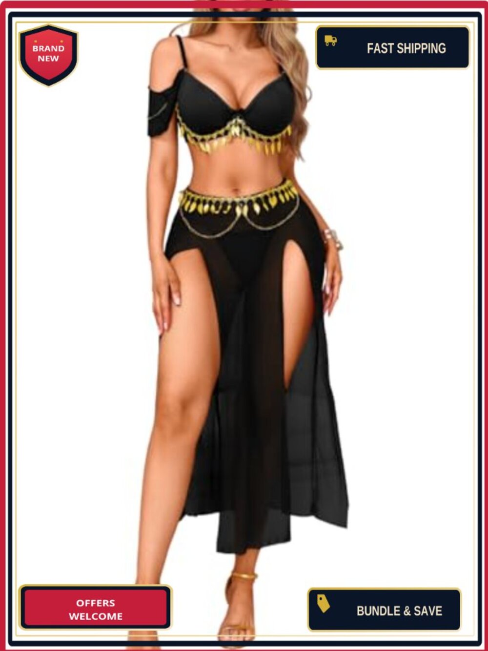 Sequin Belly Dancer 3 Piece Outfit Crop Top Midi Skirt G-String Costume